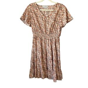 Hayden Los Angeles Floral V-Neck Smocked Tiered Mini Dress Rust Blue Large